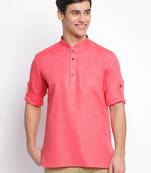 Pink plain Rolled Up Sleeves Short men kurta
