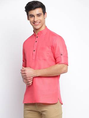 Pink plain Rolled Up Sleeves Short men kurta 2