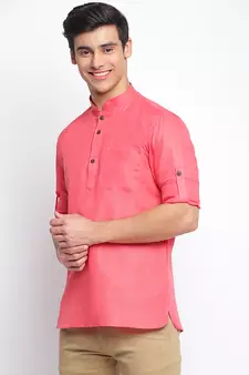 Pink plain Rolled Up Sleeves Short men kurta