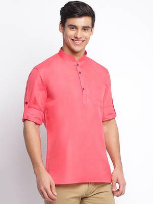 Pink plain Rolled Up Sleeves Short men kurta 3
