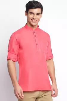 Pink plain Rolled Up Sleeves Short men kurta