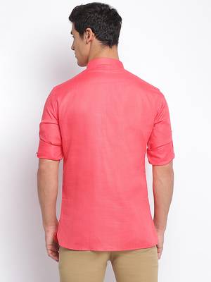 Pink plain Rolled Up Sleeves Short men kurta 4