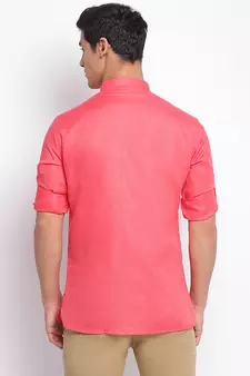 Pink plain Rolled Up Sleeves Short men kurta