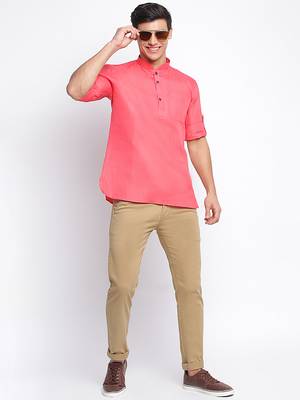 Pink plain Rolled Up Sleeves Short men kurta 5