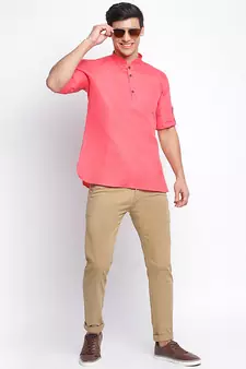 Pink plain Rolled Up Sleeves Short men kurta