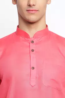 Pink plain Rolled Up Sleeves Short men kurta