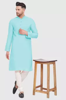 Maya Blue plain Pattern Straight men kurta