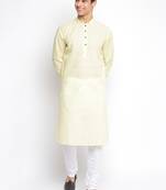 Light Yellow Cotton plain Straight men kurta With Churidar