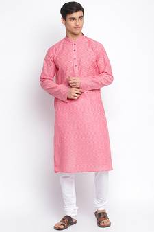 Pink Cotton plain Straight men kurta With Churidar