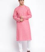 Pink Cotton plain Straight men kurta With Churidar