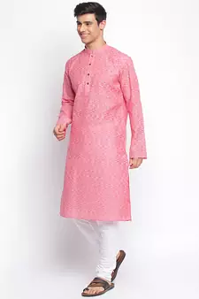 Pink Cotton plain Straight men kurta With Churidar