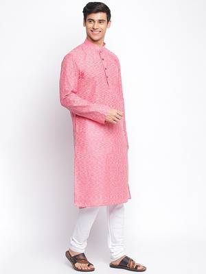 Pink Cotton plain Straight men kurta With Churidar 3
