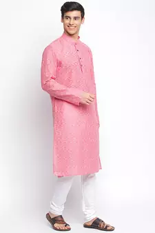 Pink Cotton plain Straight men kurta With Churidar
