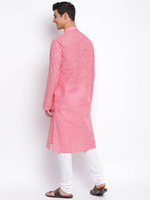 Pink Cotton plain Straight men kurta With Churidar 4