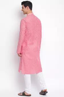 Pink Cotton plain Straight men kurta With Churidar