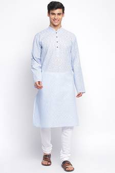 Powder Blue Cotton plain Straight men kurta With Churidar