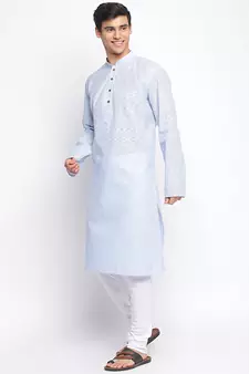 Powder Blue Cotton plain Straight men kurta With Churidar