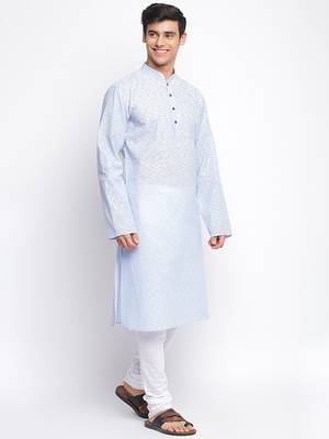 Powder Blue Cotton plain Straight men kurta With Churidar 3