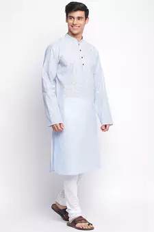 Powder Blue Cotton plain Straight men kurta With Churidar
