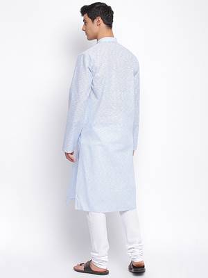 Powder Blue Cotton plain Straight men kurta With Churidar 4