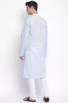 Powder Blue Cotton plain Straight men kurta With Churidar