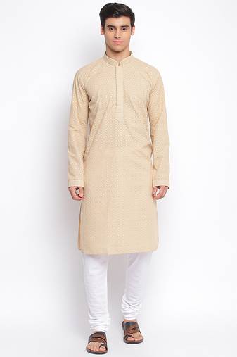 Beige Cotton Chikankari Pattern Straight men kurta With Churidar