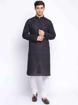 Black Cotton Chikankari Pattern Straight men kurta With Churidar 1