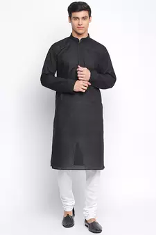 Black Cotton Chikankari Pattern Straight men kurta With Churidar