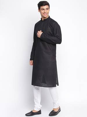 Black Cotton Chikankari Pattern Straight men kurta With Churidar 2