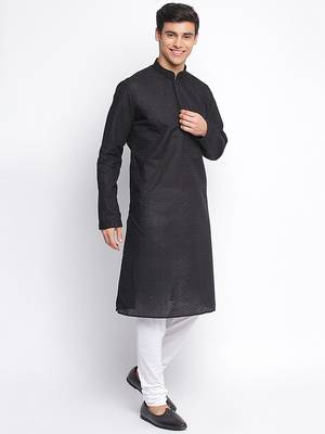 Black Cotton Chikankari Pattern Straight men kurta With Churidar 3