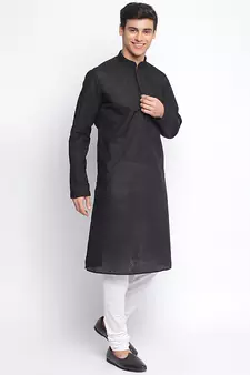 Black Cotton Chikankari Pattern Straight men kurta With Churidar
