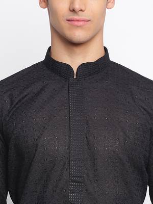 Black Cotton Chikankari Pattern Straight men kurta With Churidar 5