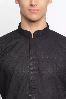 Black Cotton Chikankari Pattern Straight men kurta With Churidar