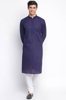 Deep Blue Cotton Chikankari Pattern Straight men kurta With Churidar