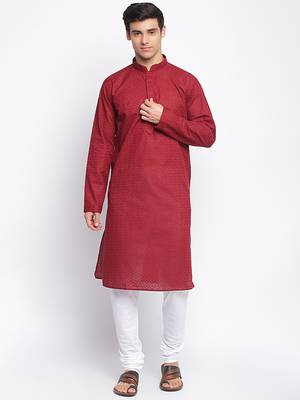 Maroon Cotton Chikankari Pattern Straight men kurta With Churidar 1