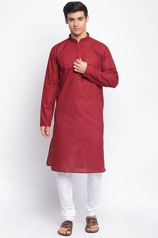 Maroon Cotton Chikankari Pattern Straight men kurta With Churidar