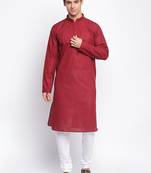 Maroon Cotton Chikankari Pattern Straight men kurta With Churidar
