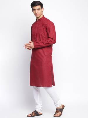 Maroon Cotton Chikankari Pattern Straight men kurta With Churidar 2