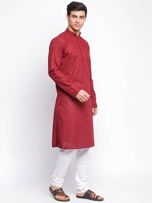 Maroon Cotton Chikankari Pattern Straight men kurta With Churidar 3