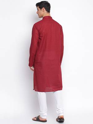Maroon Cotton Chikankari Pattern Straight men kurta With Churidar 4