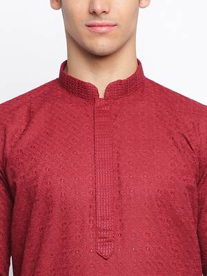 Maroon Cotton Chikankari Pattern Straight men kurta With Churidar 5