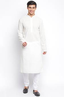 Off White Cotton Chikankari Pattern Straight men kurta With Churidar