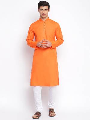 Deep Orange Cotton plain Straight men kurta With Churidar 1