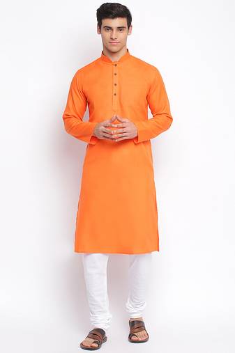 Deep Orange Cotton plain Straight men kurta With Churidar