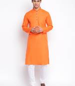 Deep Orange Cotton plain Straight men kurta With Churidar