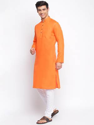 Deep Orange Cotton plain Straight men kurta With Churidar 2