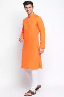 Deep Orange Cotton plain Straight men kurta With Churidar