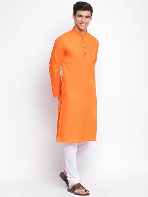 Deep Orange Cotton plain Straight men kurta With Churidar 3