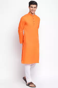 Deep Orange Cotton plain Straight men kurta With Churidar