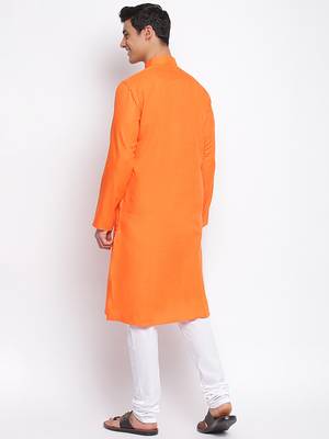 Deep Orange Cotton plain Straight men kurta With Churidar 4